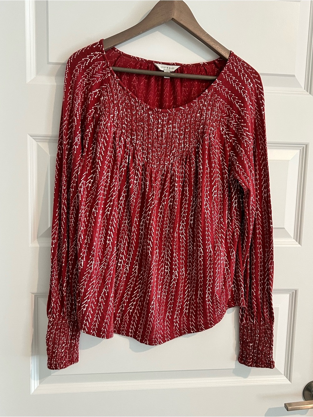 Lucky Brand Smocked Long Sleeve Top Red White Size S